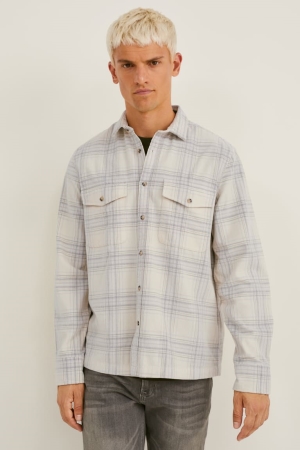 White / Gray C&A Corduroy Slim Fit Kent Collar Check Men's Shirts | KFCXL-4028