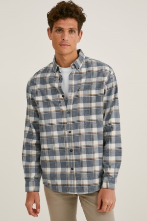 White / Gray C&A Flannel Regular Fit Button-down Collar Check Men's Shirts | LIFCB-4278