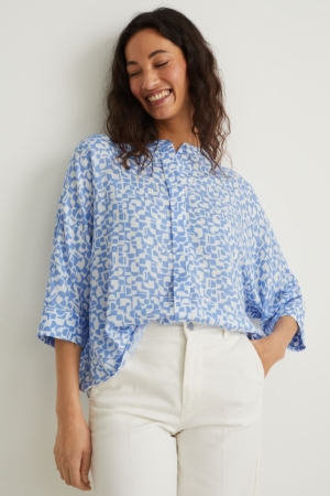 White / Light Blue C&A Patterned Women's Blouses | TRZAK-8670