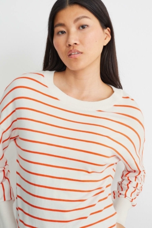 White / Orange C&A With Lenzing™ Ecovero™ Striped Women's Jumper | UZHOK-1783