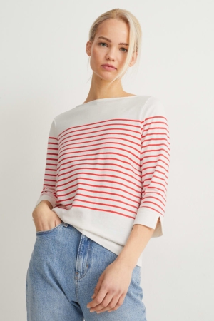 White / Red C&A Long Sleeve Striped Women's Top | DKEVJ-6318