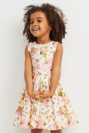 White / Rose C&A Partywear Floral Girls' Dress | UMRES-8127