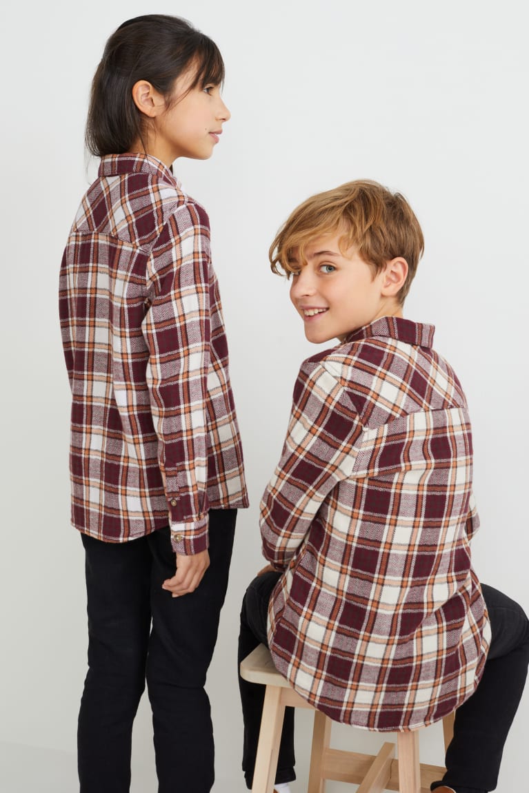 Beige / Bordeaux C&A Flannel Genderneutral Organic Cotton Check Girls' Shirts | APSZU-6954