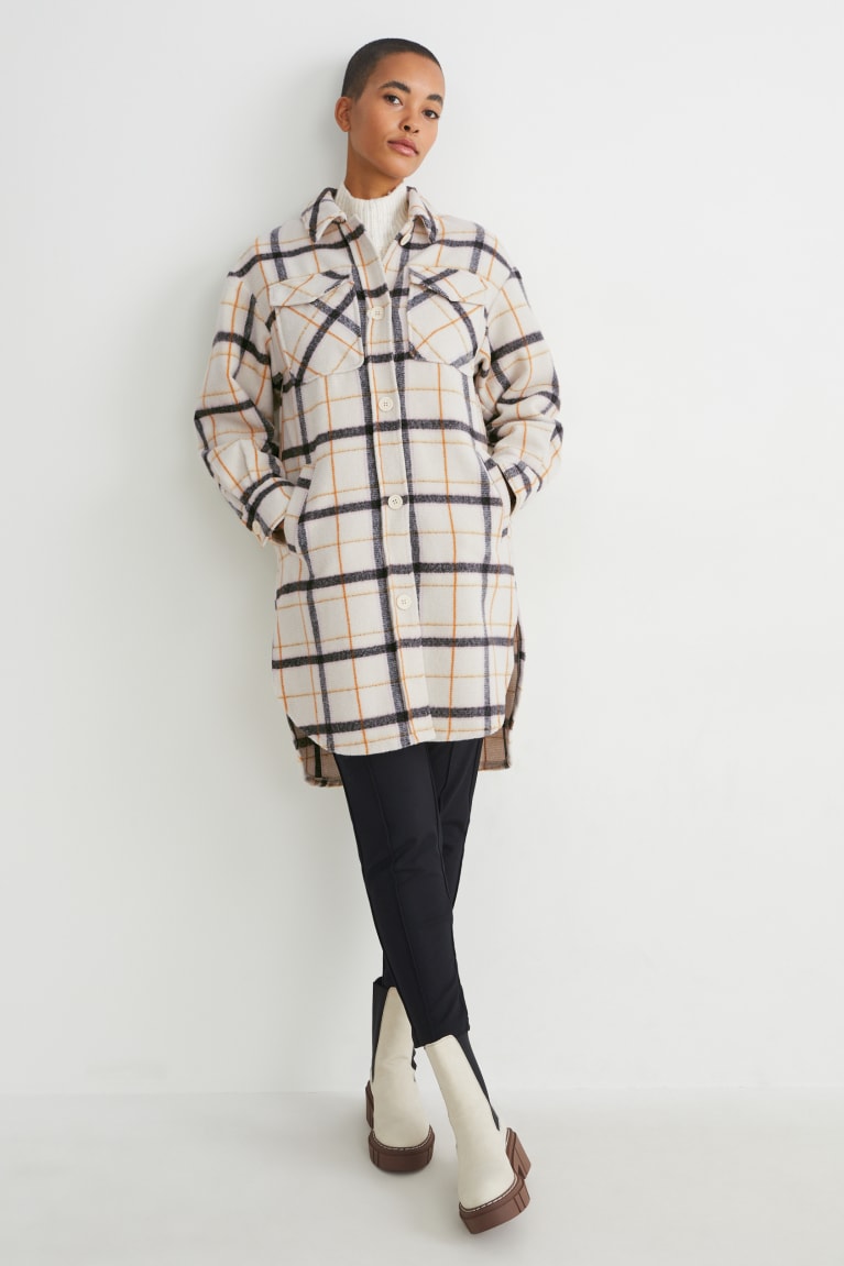 Beige Melange C&A Shacket Check Women's Coats | RWAIZ-6495