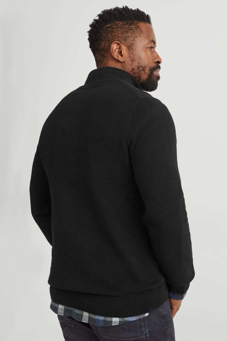 Black C&A And Regular Fit Button-down Collar Men's Jumper | ZLGYS-2460