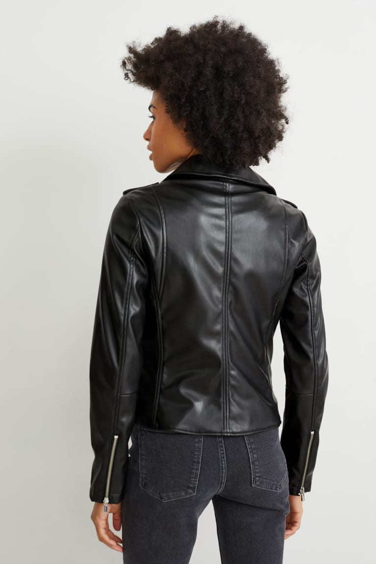 Black C&A Biker Faux Leather Women's Jackets | RYQPW-7063