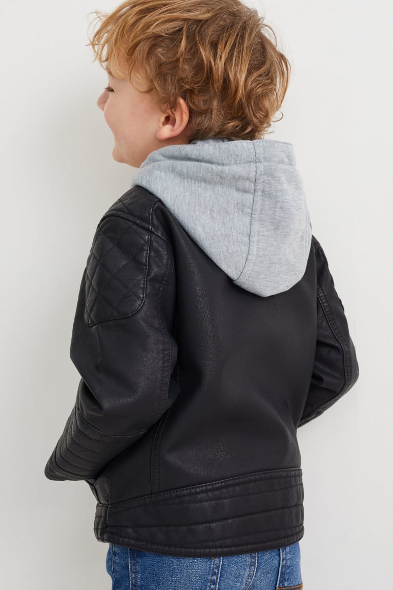 Black C&A Biker With Hood Faux Leather Girls' Jackets | TPWGU-5064