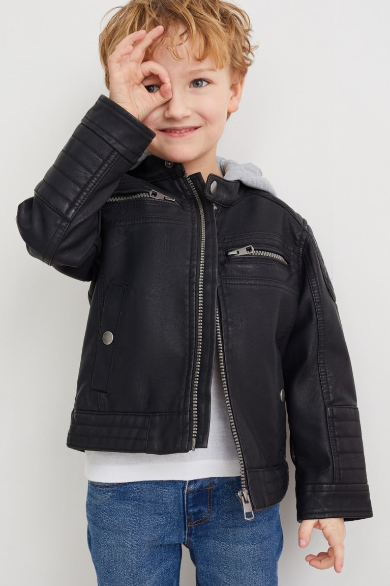 Black C&A Biker With Hood Faux Leather Girls\' Jackets | TPWGU-5064