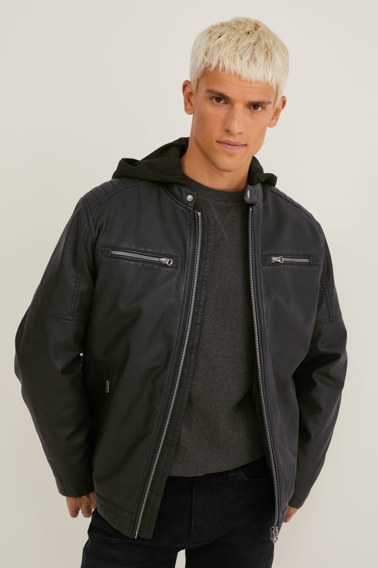 Black C&A Biker With Hood Faux Leather Men\'s Jackets | EFALJ-4913