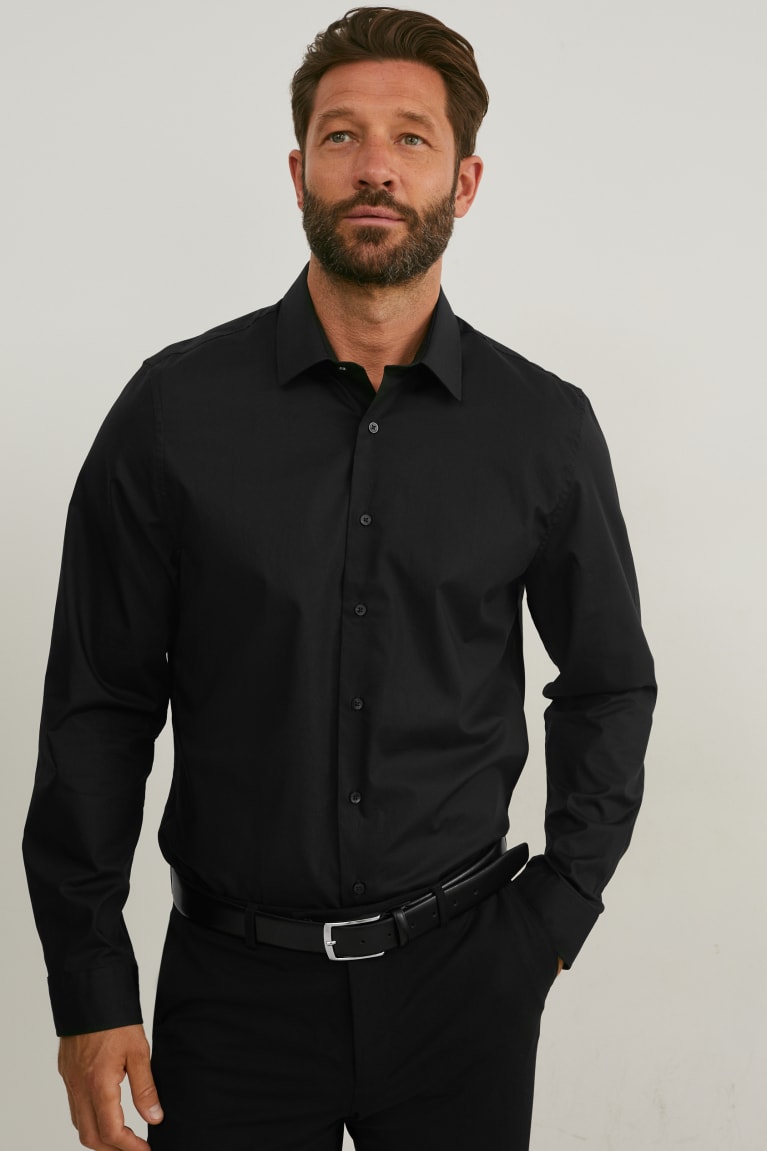 Black C&A Business Body Fit Kent Collar Organic Cotton Lycra® Men's Shirts | SZUEX-3871