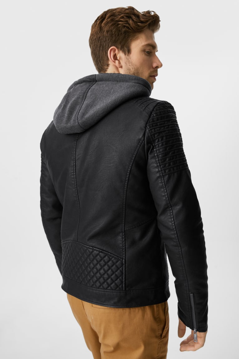 Black C&A Clockhouse Biker With Hood Faux Leather Men's Jackets | OPQKA-4395