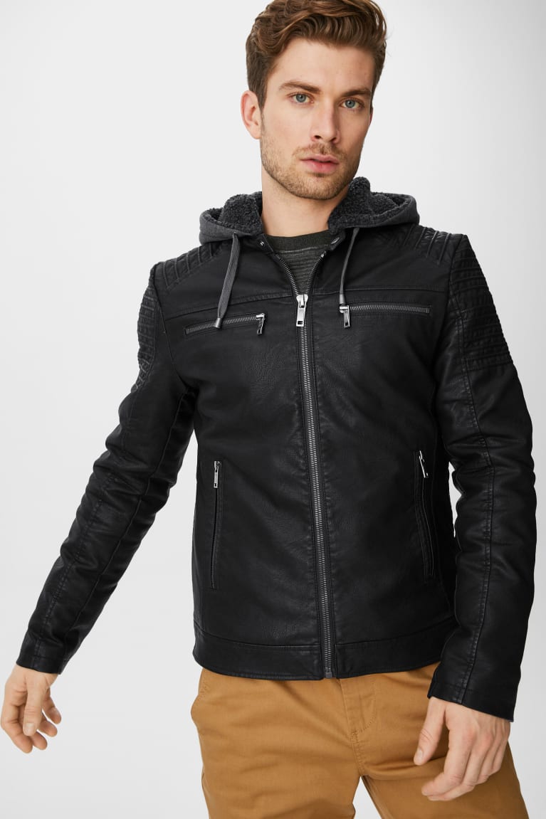 Black C&A Clockhouse Biker With Hood Faux Leather Men\'s Jackets | OPQKA-4395