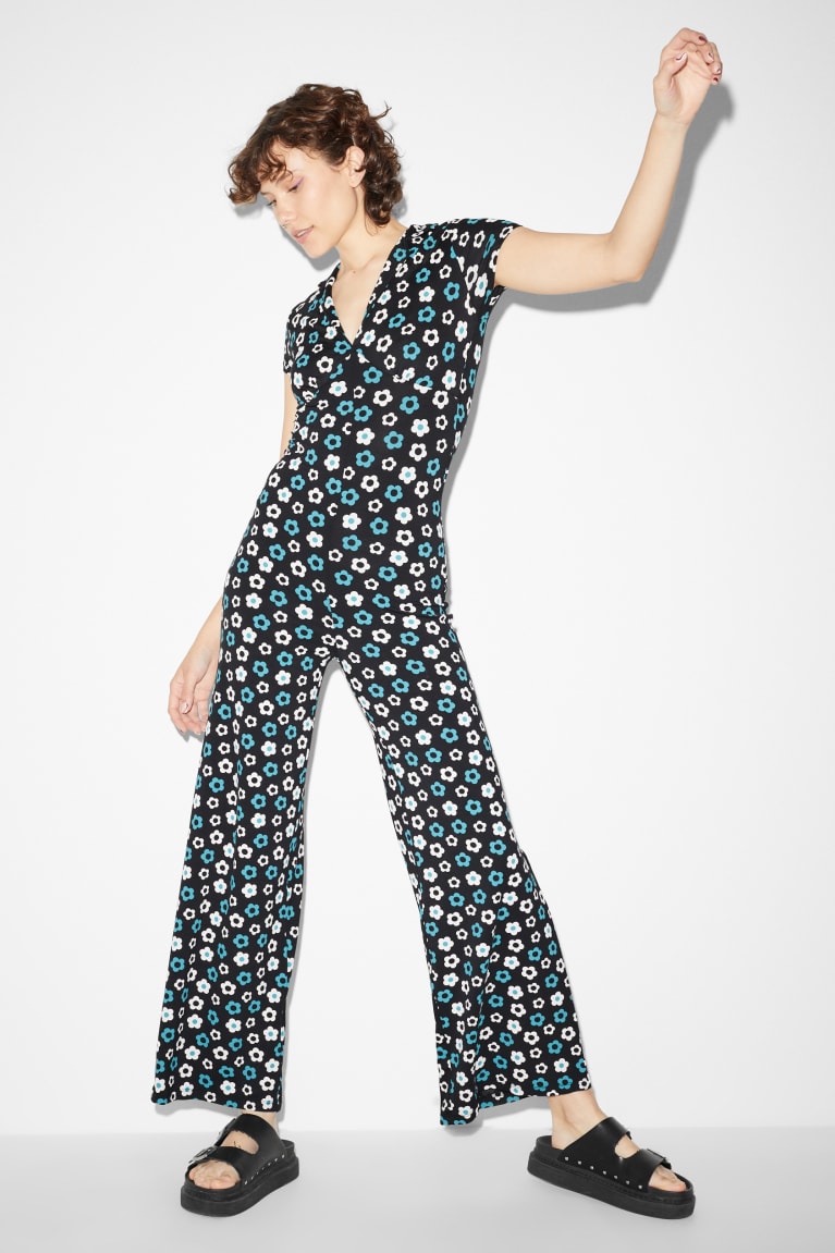 Black C&A Clockhouse Floral Women\'s Jumpsuit | WBOSZ-2439