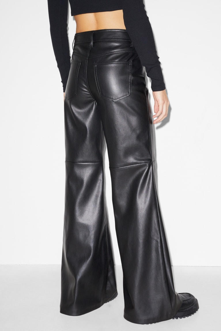 Black C&A Clockhouse High Waist Wide Leg Faux Leather Women's Trousers | AQCGY-6490