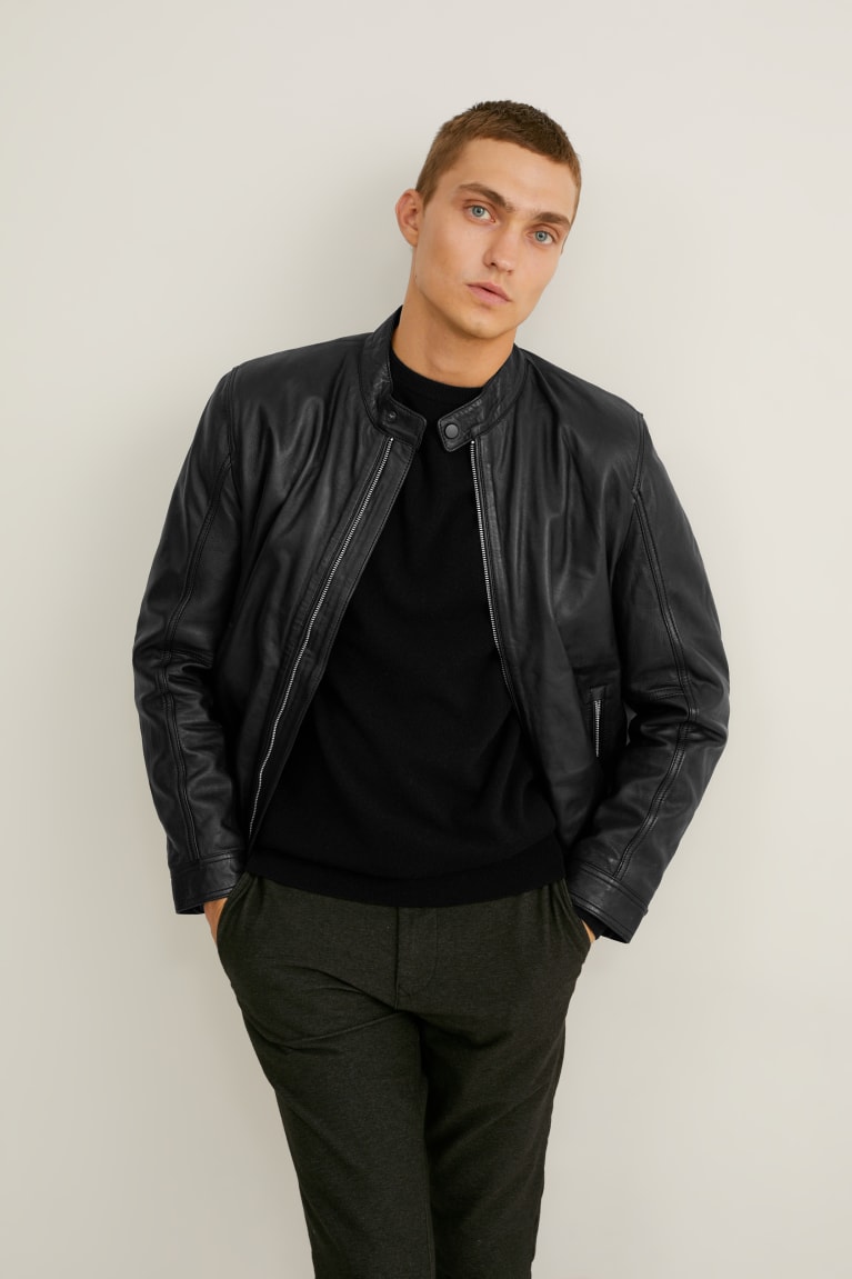 Black C&A Leather Men's Jackets | EXQSC-0247