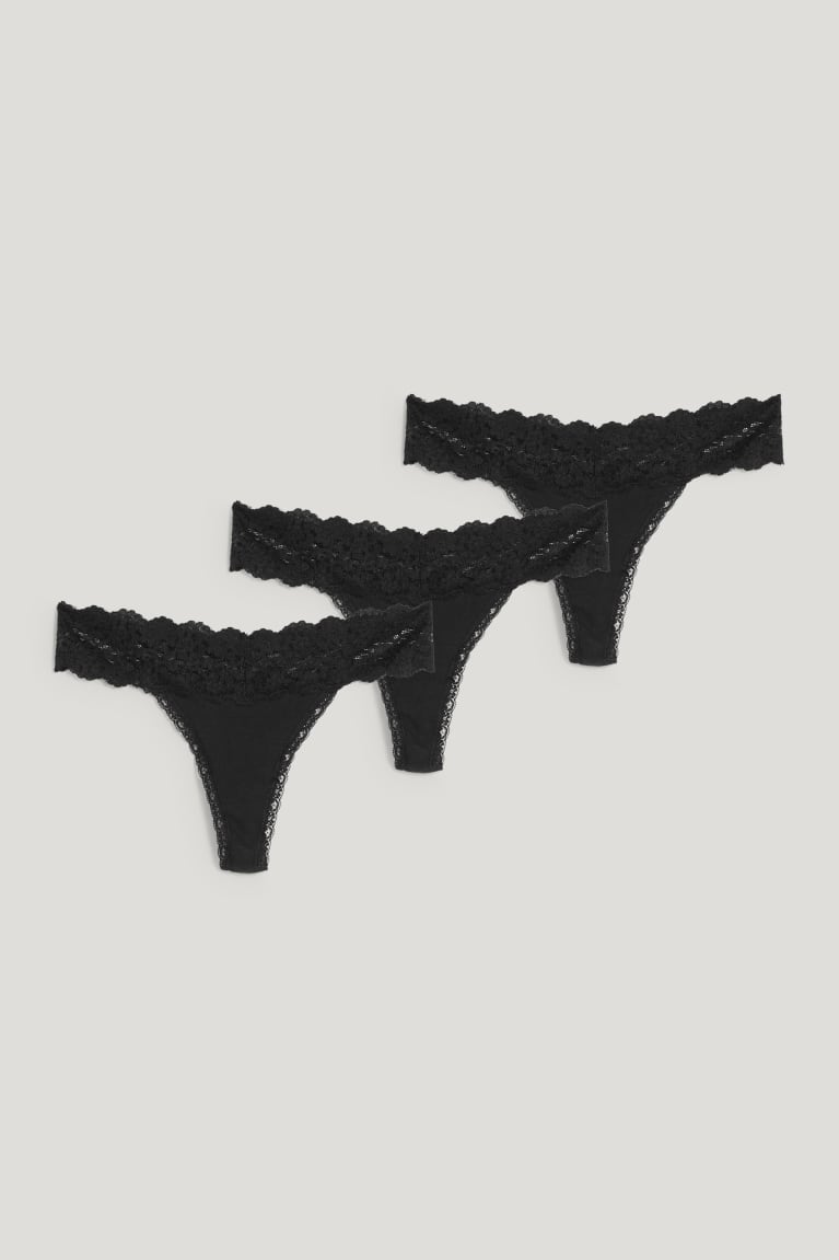 Black C&A Multipack Of 3 Thong Organic Cotton Women's Underwear | OIGKS-9052