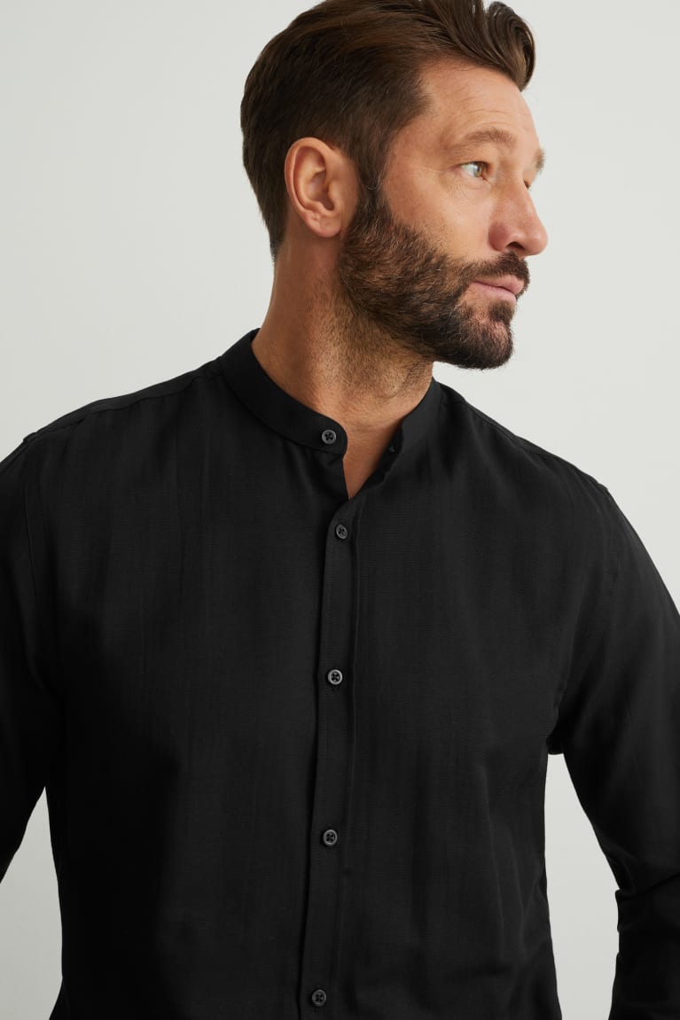 Black C&A Oxford Slim Fit Band Collar Men's Shirts | BKLWF-0621