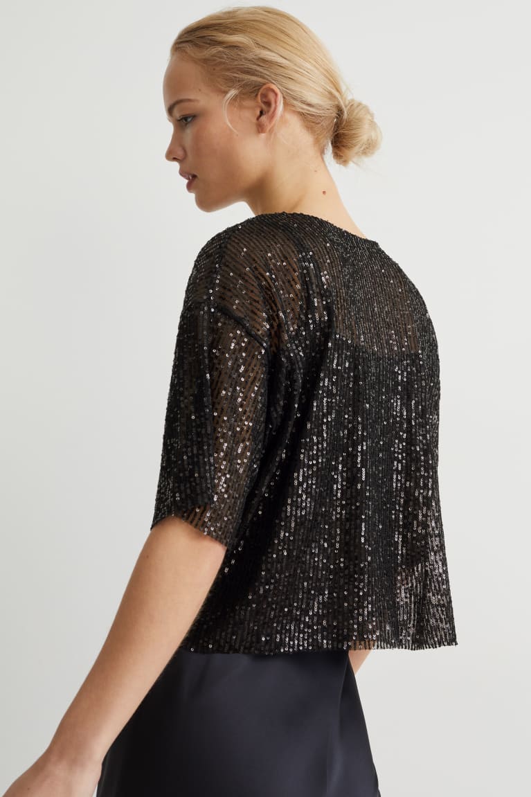 Black C&A SequinShiny Women's T-shirts | JEOIP-9805