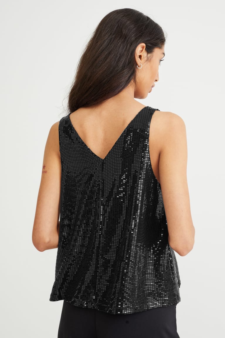 Black C&A Sequin Shiny Women's Top | PTXIC-0196