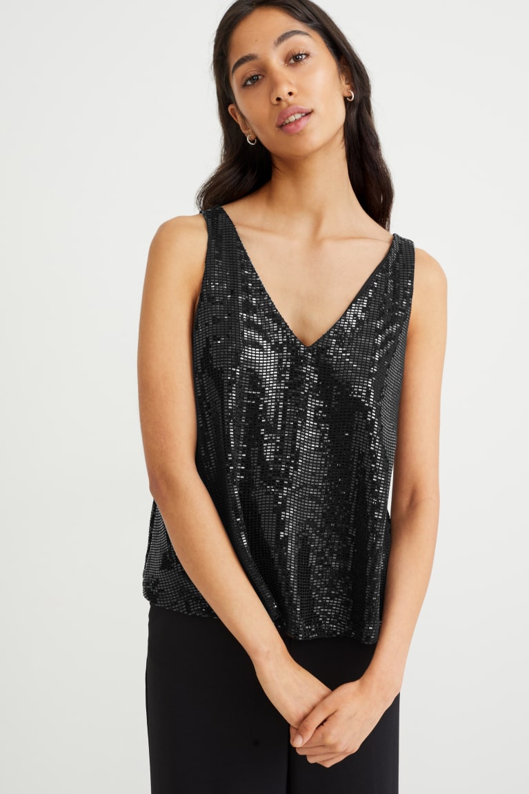 Black C&A Sequin Shiny Women\'s Top | PTXIC-0196