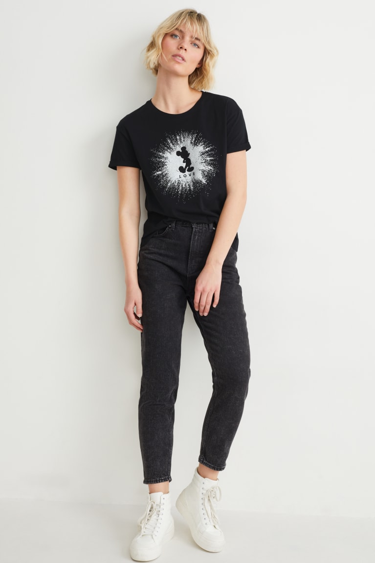 Black C&A Shiny Mickey Mouse Women's T-shirts | OFGHL-0341