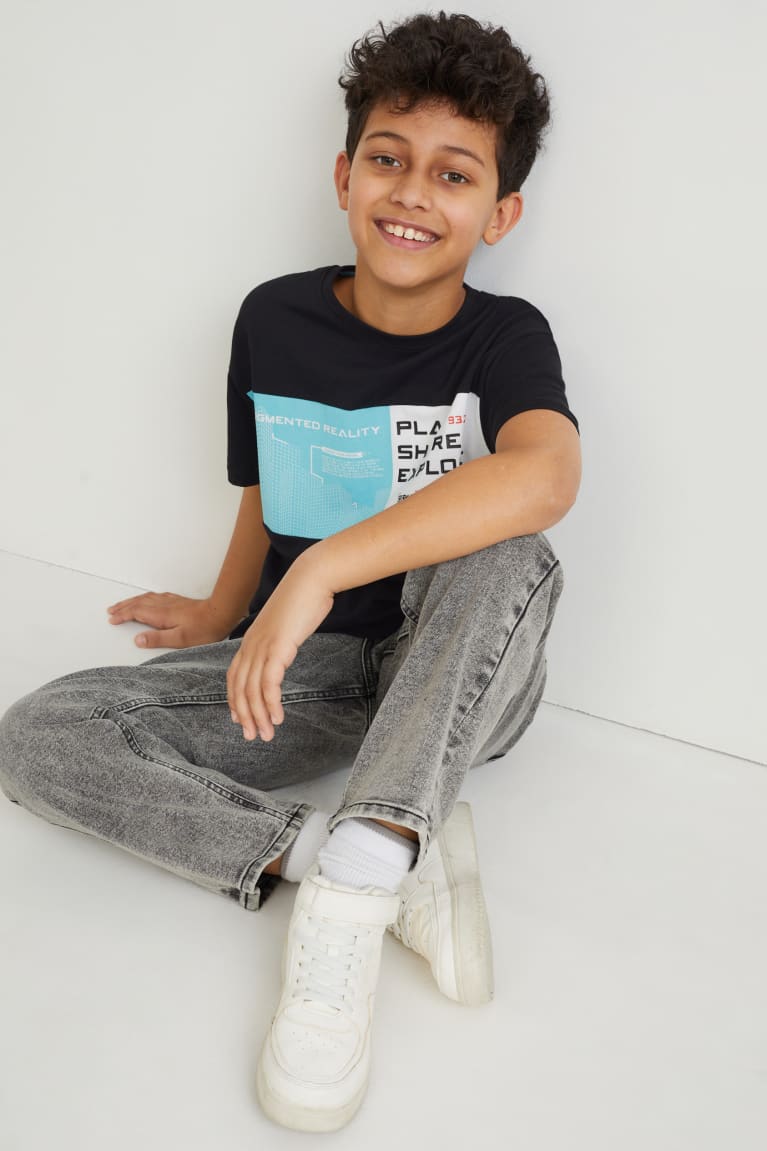 Black C&A Sleeve Augmented Reality Motif Boys' T-shirts | GZEBV-0258