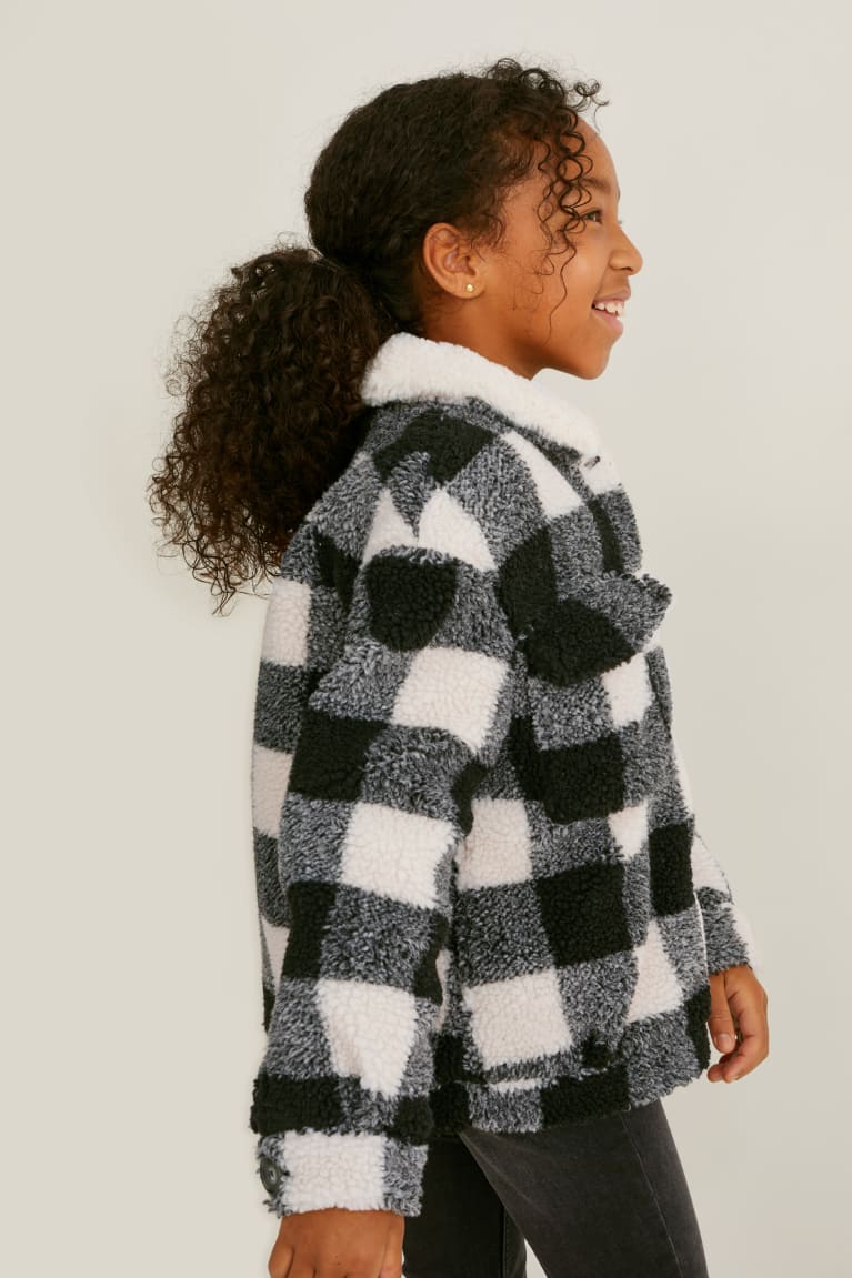 Black C&A Teddy Fur Check Girls' Jackets | UZVAL-5732