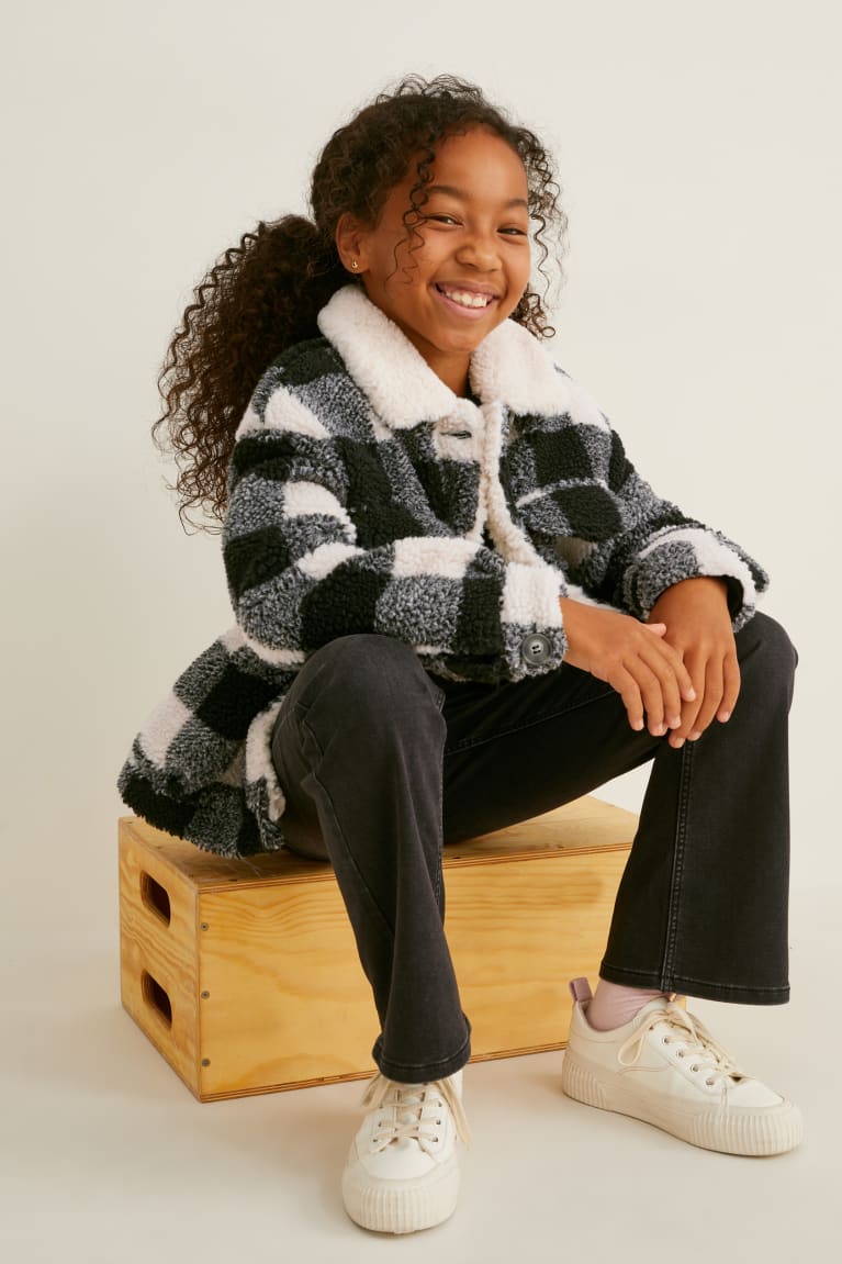 Black C&A Teddy Fur Check Girls' Jackets | UZVAL-5732