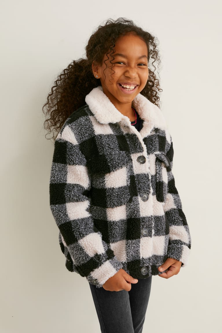 Black C&A Teddy Fur Check Girls\' Jackets | UZVAL-5732