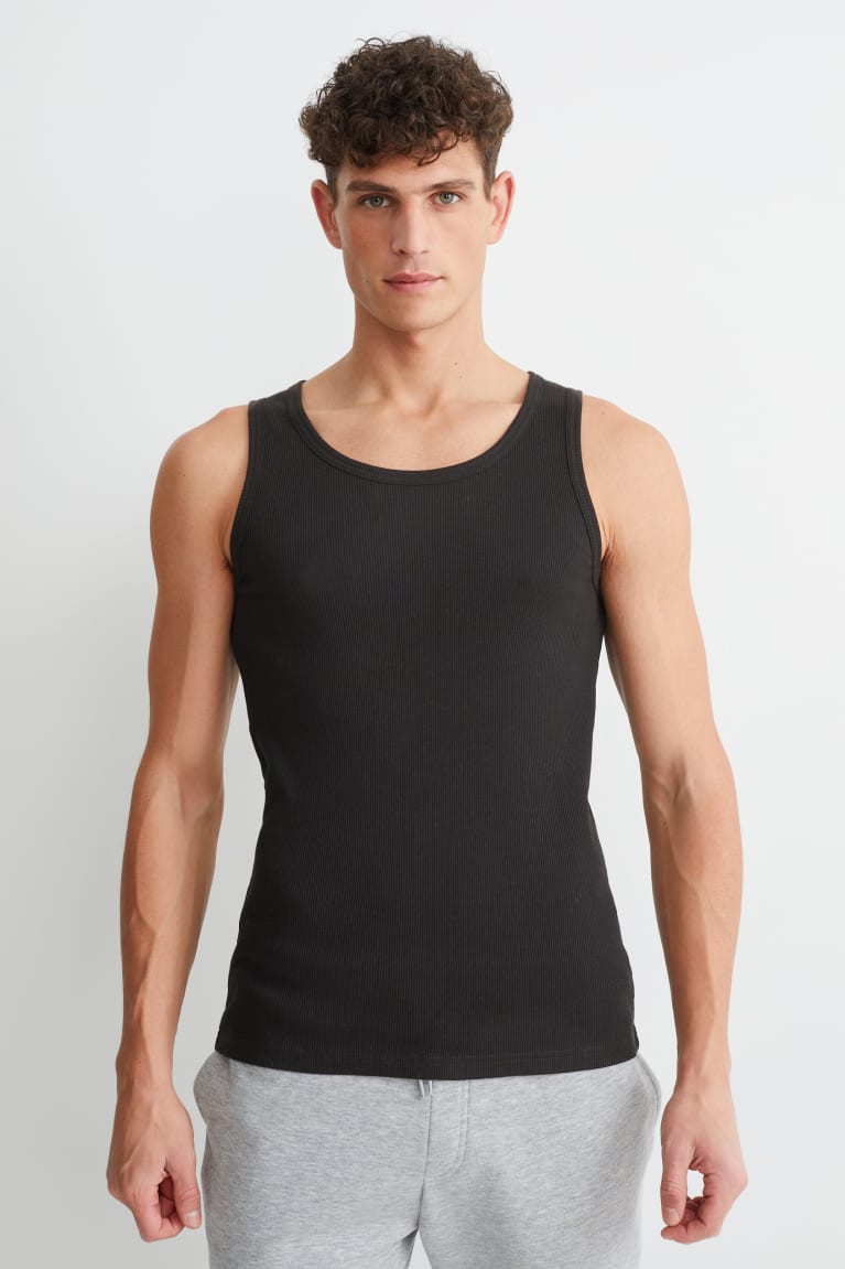 Black C&A Vest Double Rib Organic Cotton Men\'s Top | UZVBR-8760