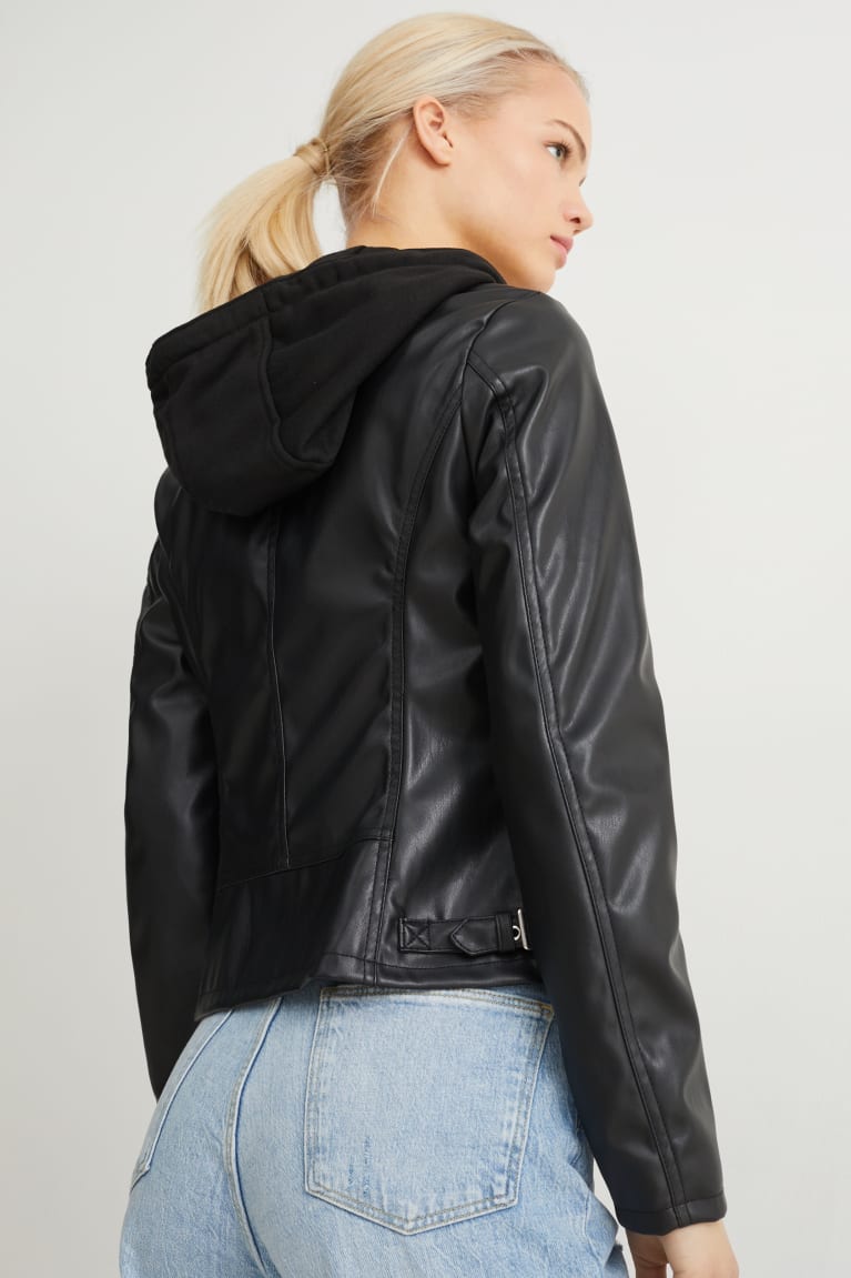 Black C&A With Hood Faux Leather Women's Jackets | ENKYA-7146