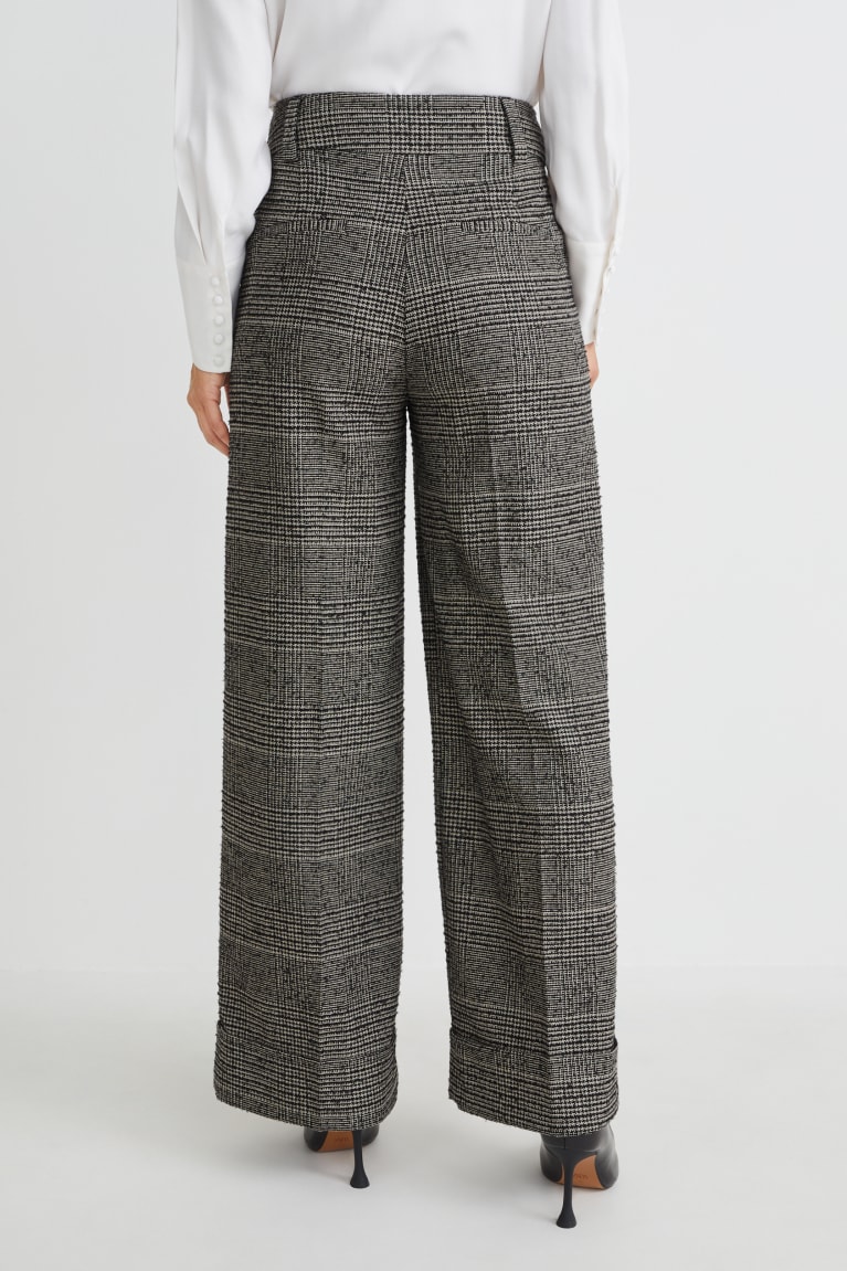 Black / Gray C&A Cloth High-rise Waist Wide Leg Check Women's Trousers | BSDIH-6825