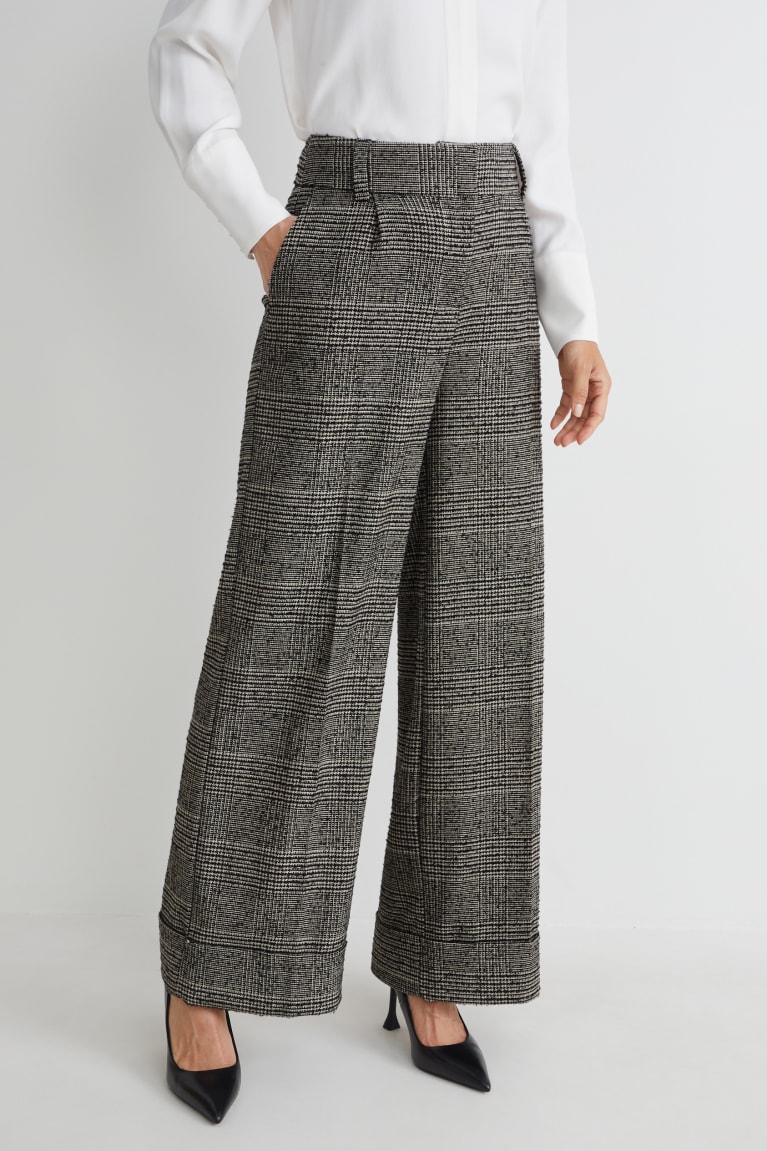 Black / Gray C&A Cloth High-rise Waist Wide Leg Check Women's Trousers | BSDIH-6825