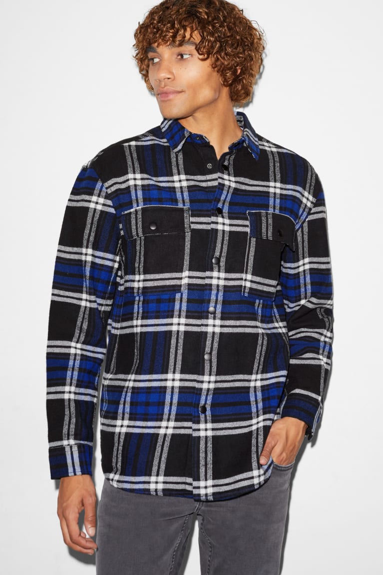 Blue / Black C&A Clockhouse Flannel Relaxed Fit Kent Collar Check Men\'s Shirts | CXSDO-0341