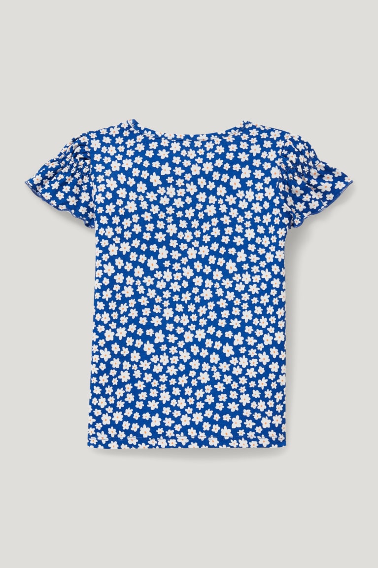 Blue C&A Sleeve In-conversion Cotton Floral Girls' T-shirts | HTESU-1493