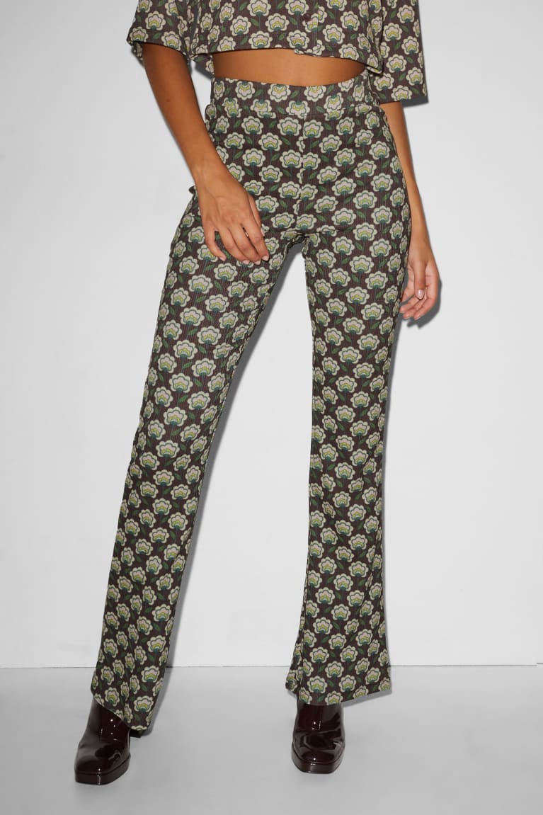 Brown C&A Clockhouse Jersey Flared Floral Women's Trousers | OUFAE-1648