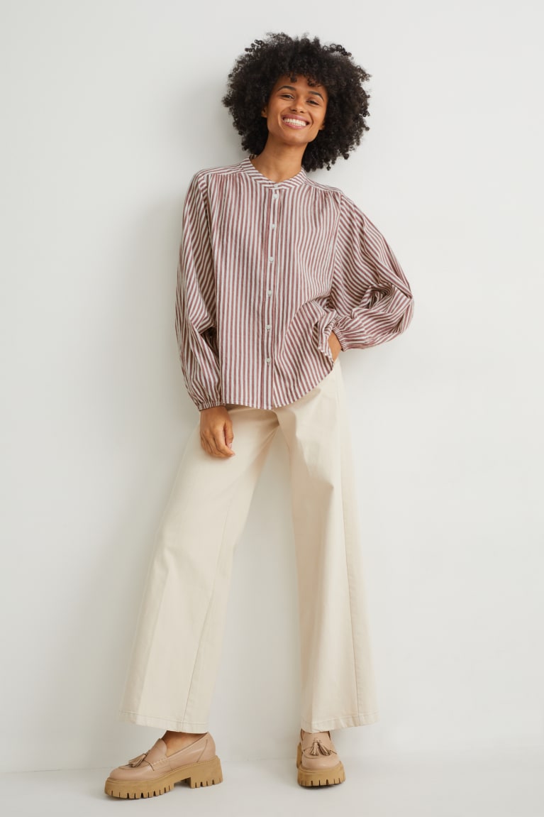 Brown / Creme White C&A Striped Women's Blouses | YLIKV-8536