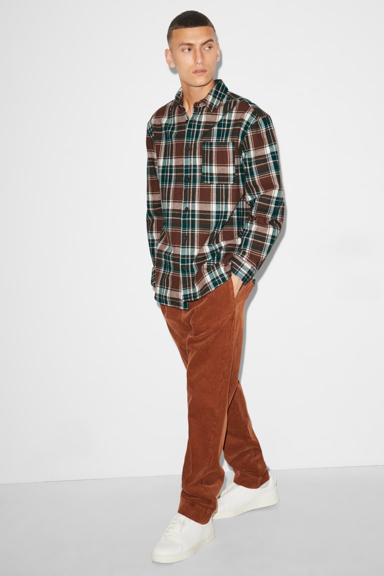 Brown / Dark Green C&A Clockhouse Flannel Relaxed Fit Kent Collar Check Men's Shirts | OAPWZ-1659