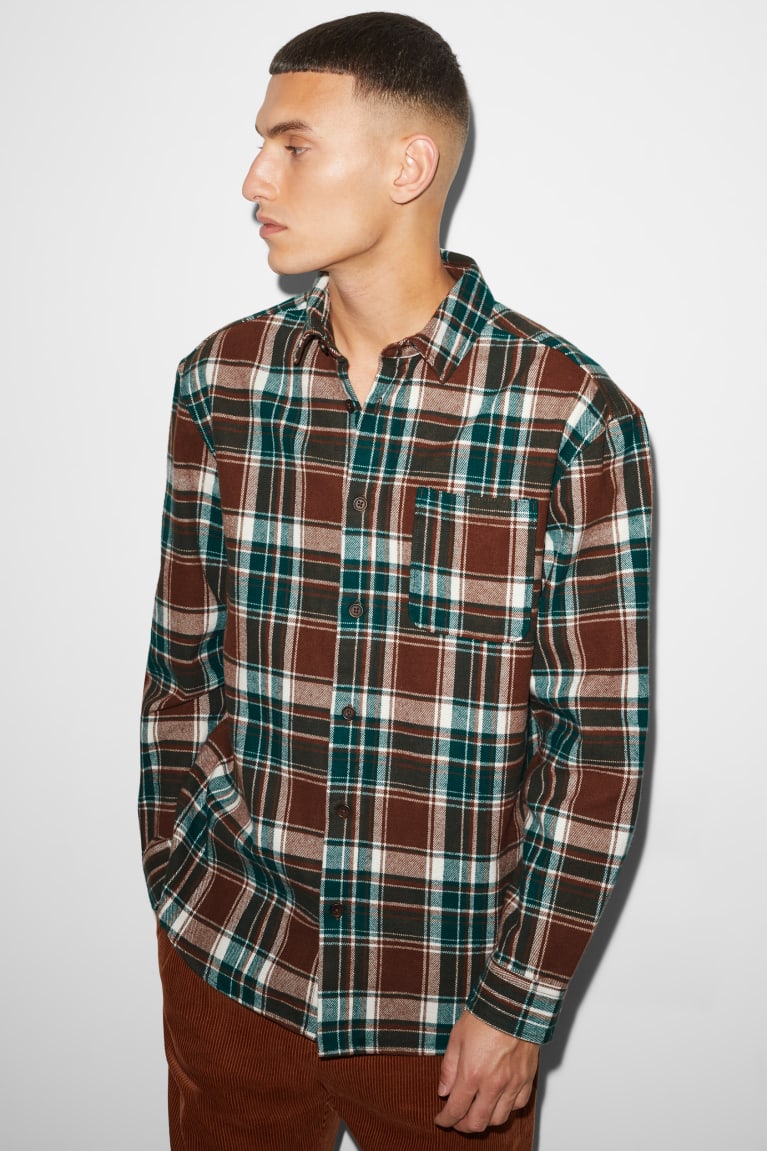 Brown / Dark Green C&A Clockhouse Flannel Relaxed Fit Kent Collar Check Men\'s Shirts | OAPWZ-1659