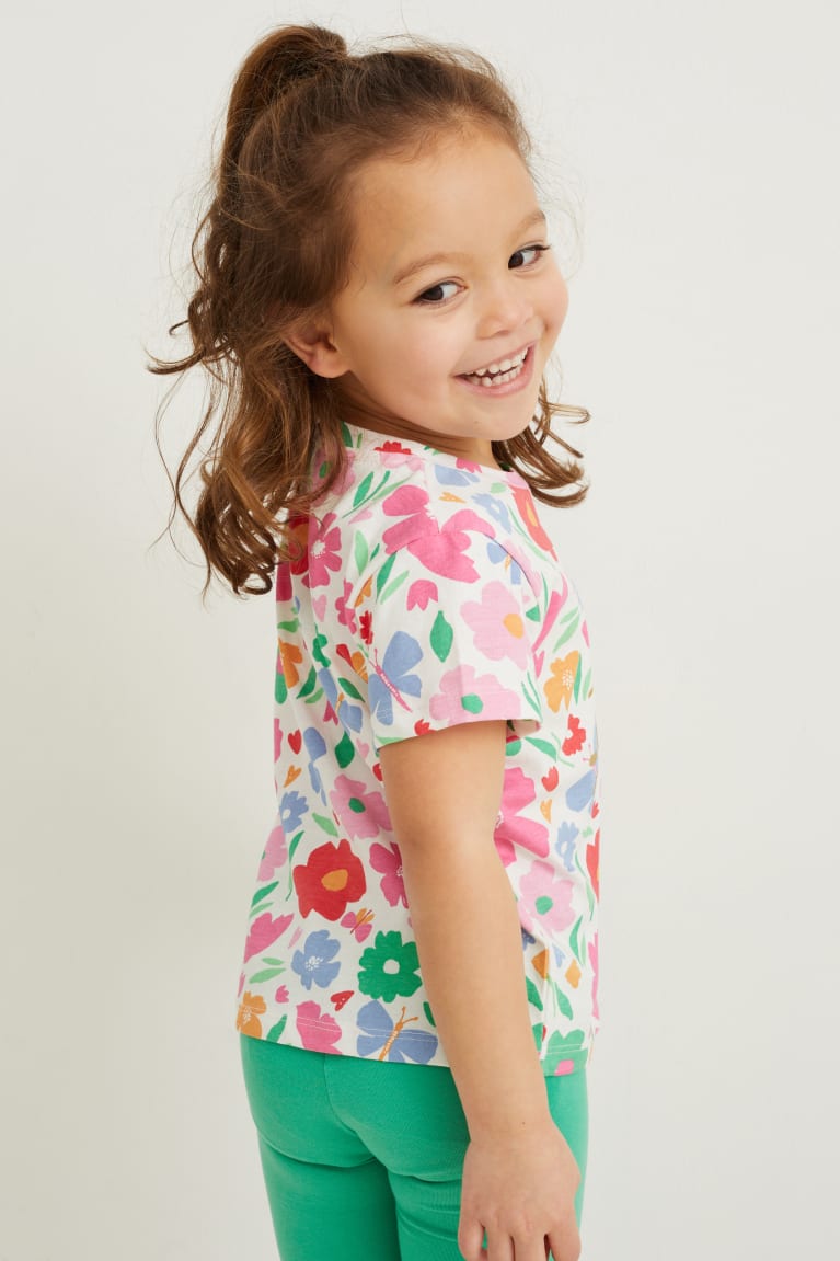 Creme White C&A Sleeve In-conversion Cotton Floral Girls' T-shirts | VPCUD-2750