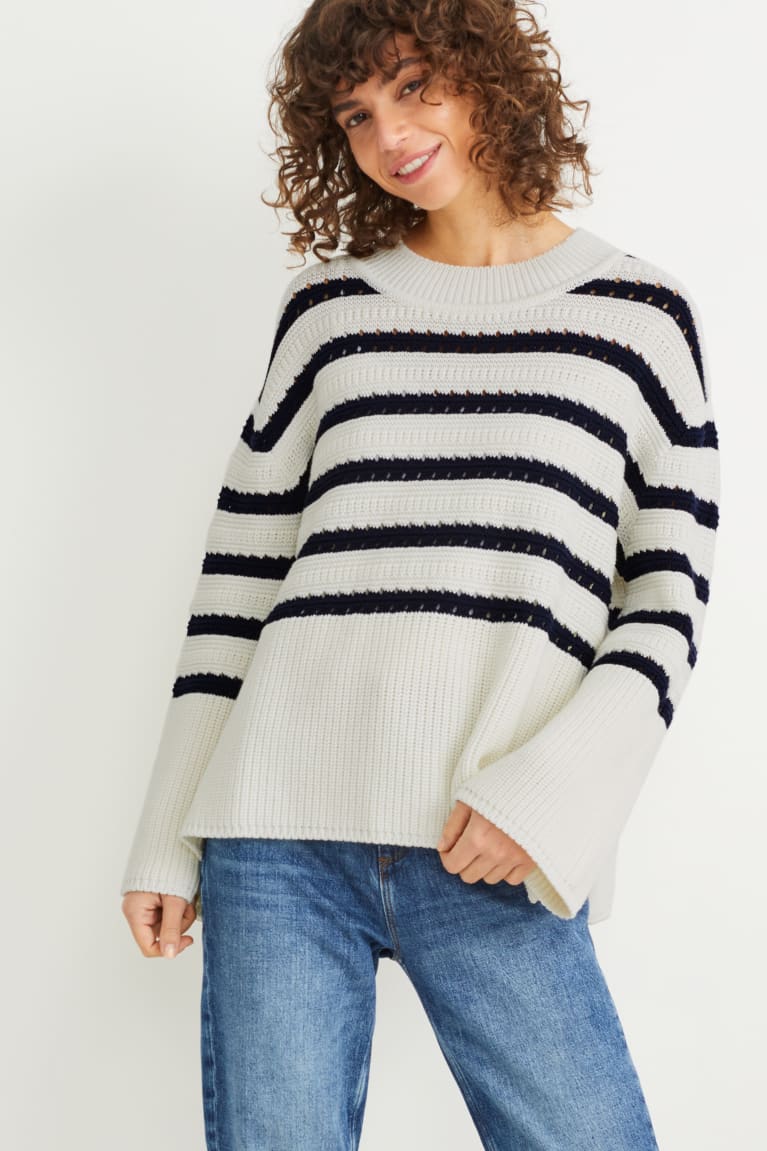 Creme White C&A Striped Women\'s Jumper | MOGZD-3278