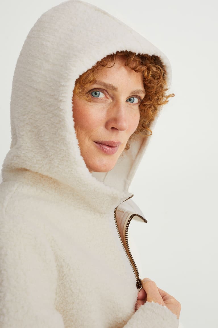 Creme White C&A Teddy Fur With Hood Women's Coats | QPYUA-7281