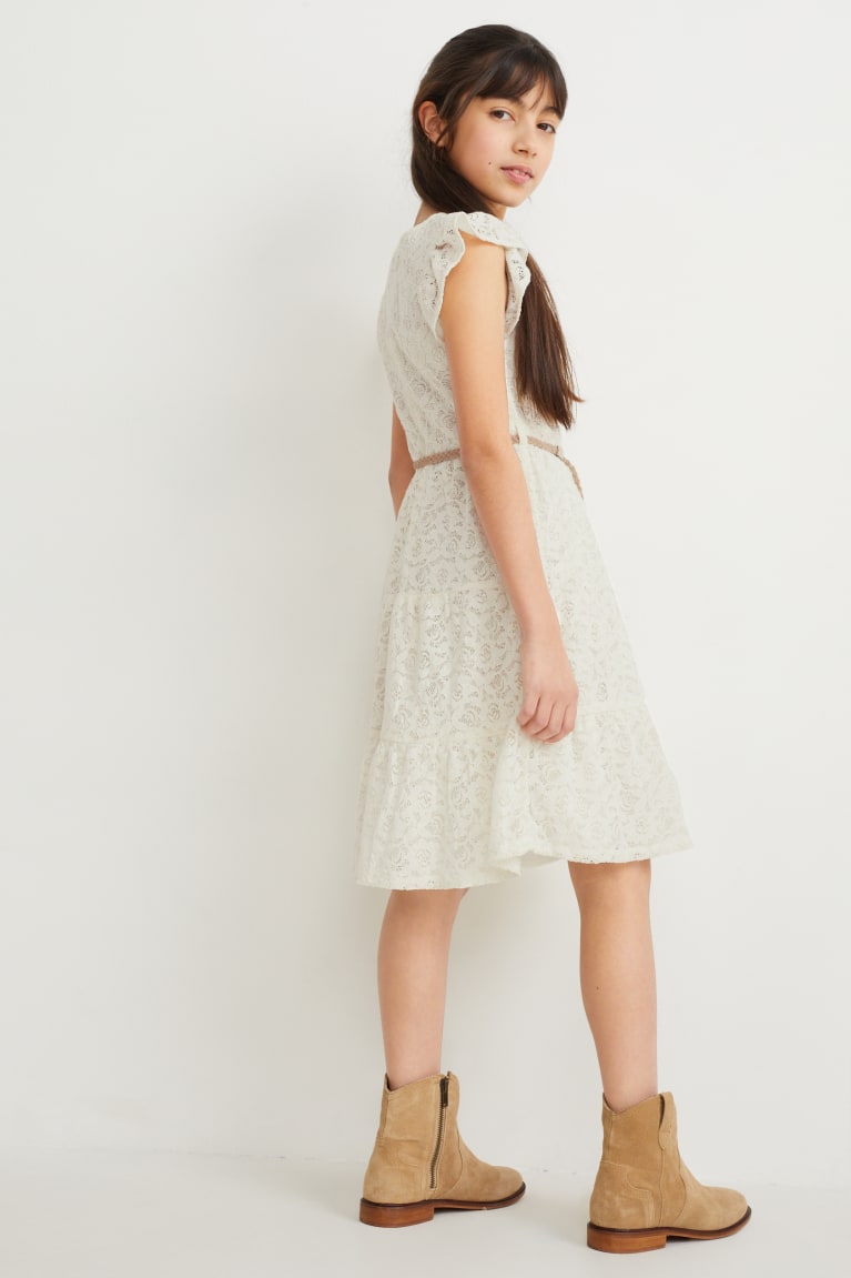 Creme White C&A With Belt Girls' Dress | ZDROL-6179