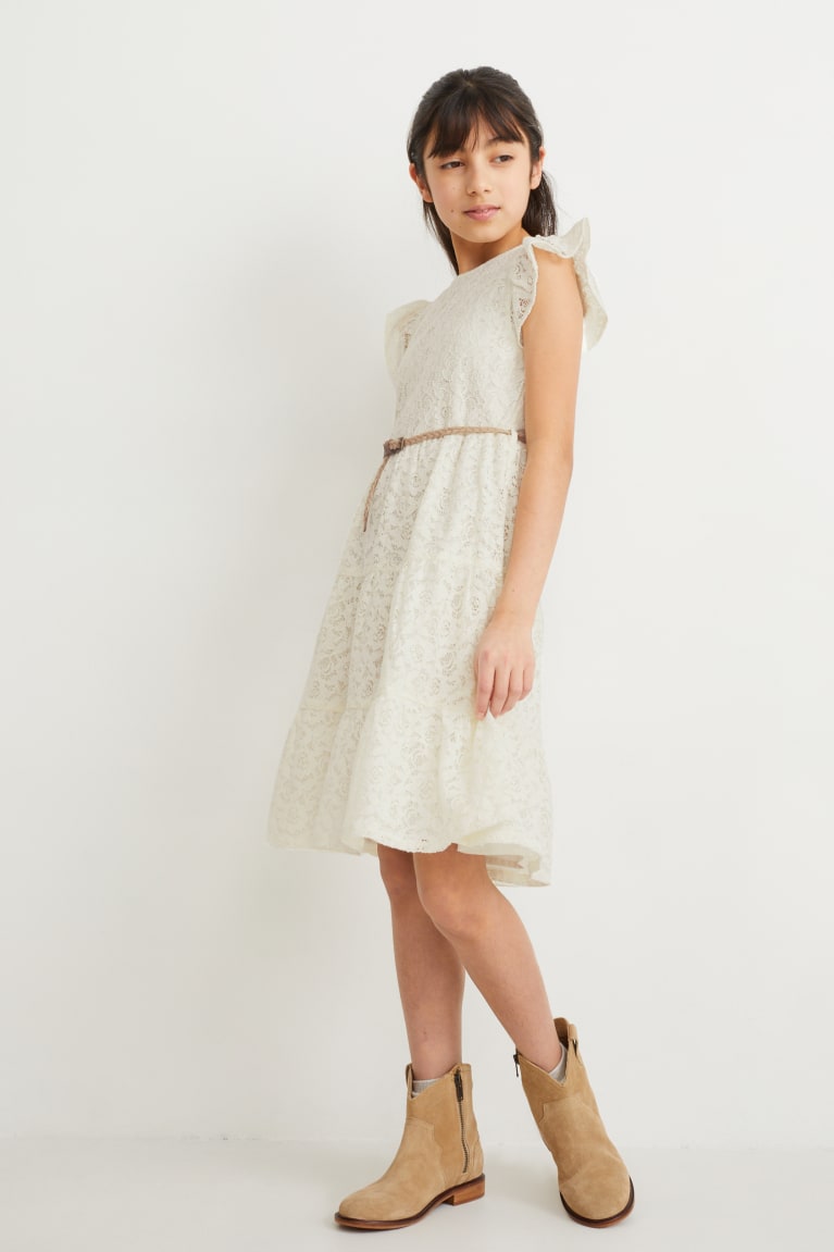 Creme White C&A With Belt Girls\' Dress | ZDROL-6179