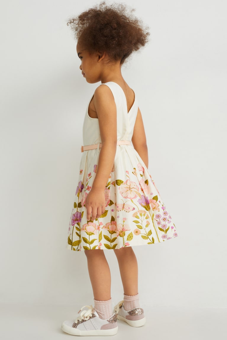 Creme White C&A With Belt Partywear Floral Girls' Dress | UDANL-6708