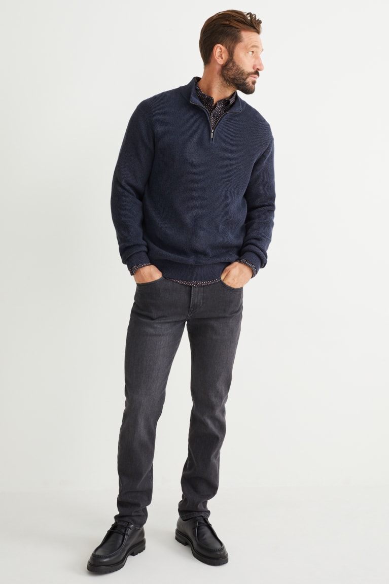 Dark Blue C&A And Regular Fit Button-down Collar Men's Jumper | BUPWL-9278