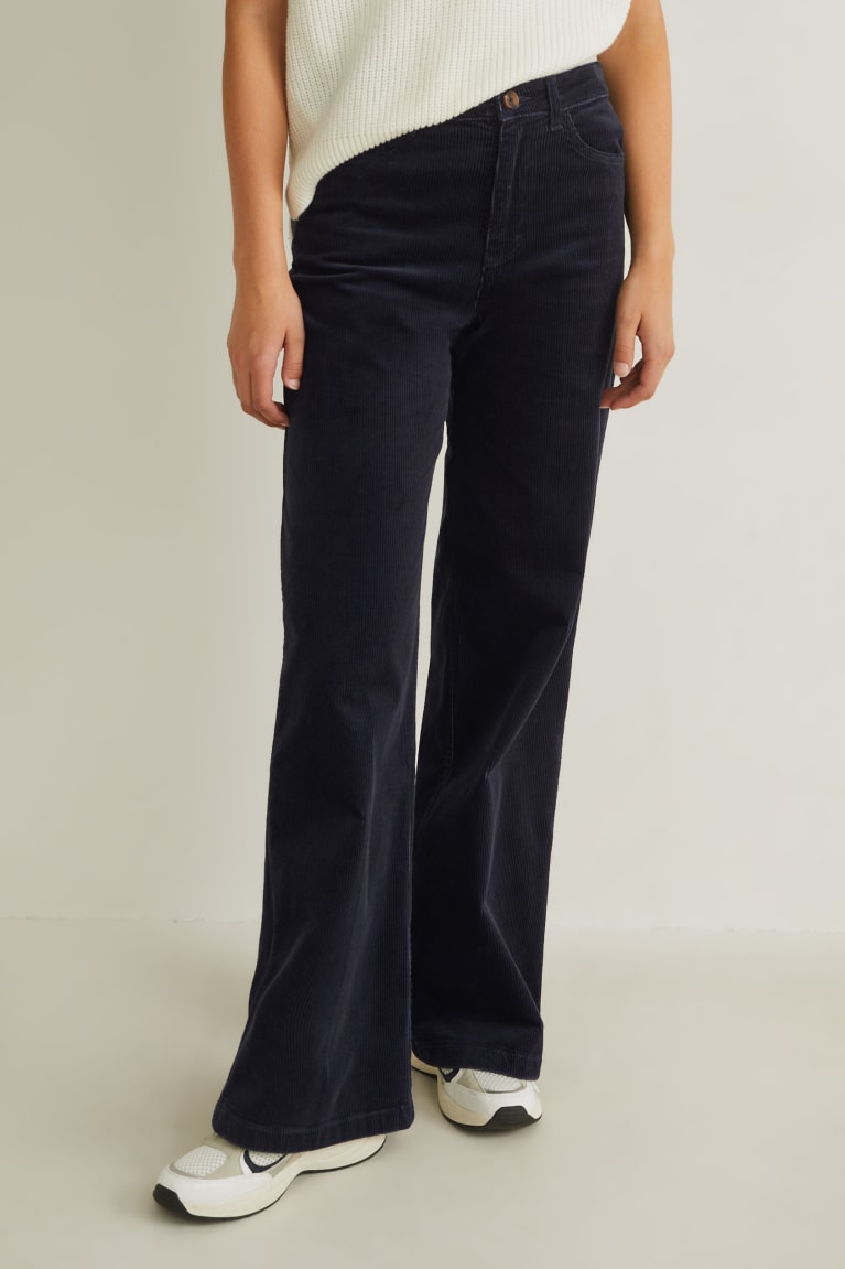 Dark Blue C&A Corduroy High Waist Wide Flare Women's Trousers | NJBRW-3529