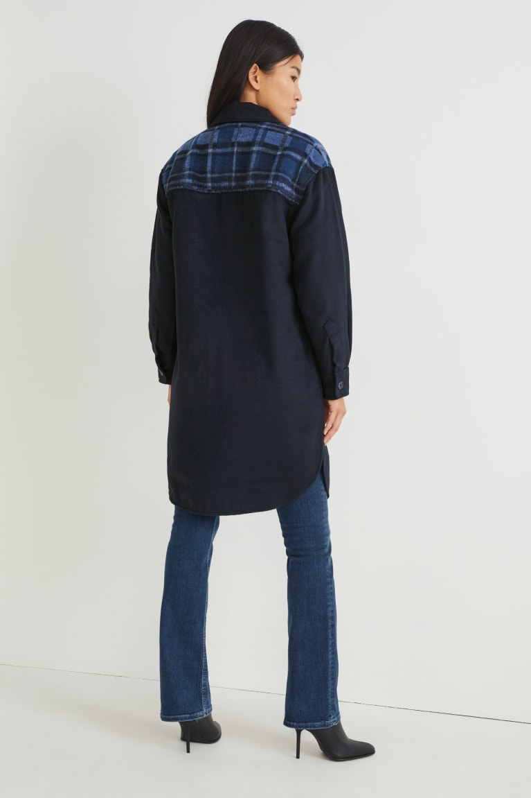 Dark Blue C&A Flannel Shacket Women's Coats | JXFOC-0514