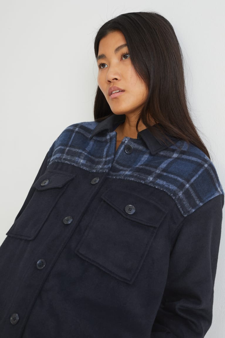 Dark Blue C&A Flannel Shacket Women's Coats | JXFOC-0514