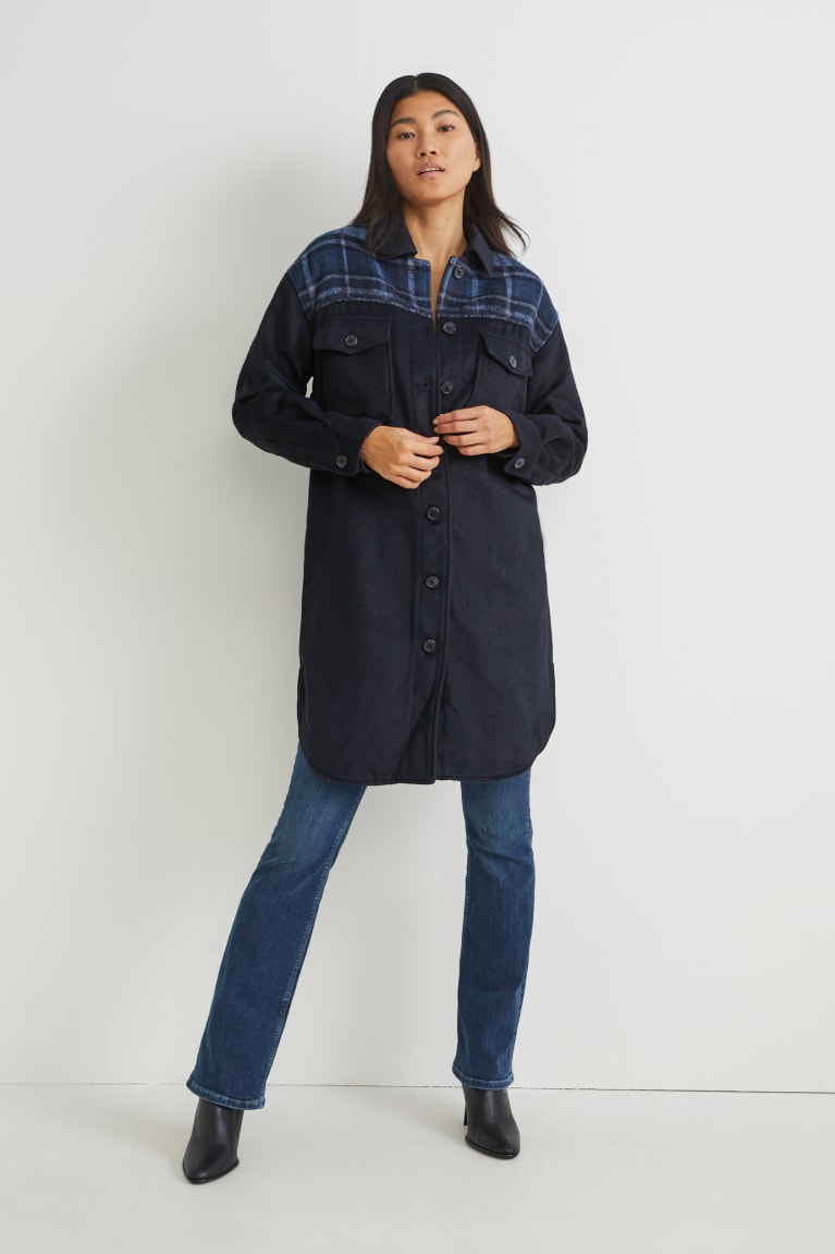 Dark Blue C&A Flannel Shacket Women\'s Coats | JXFOC-0514